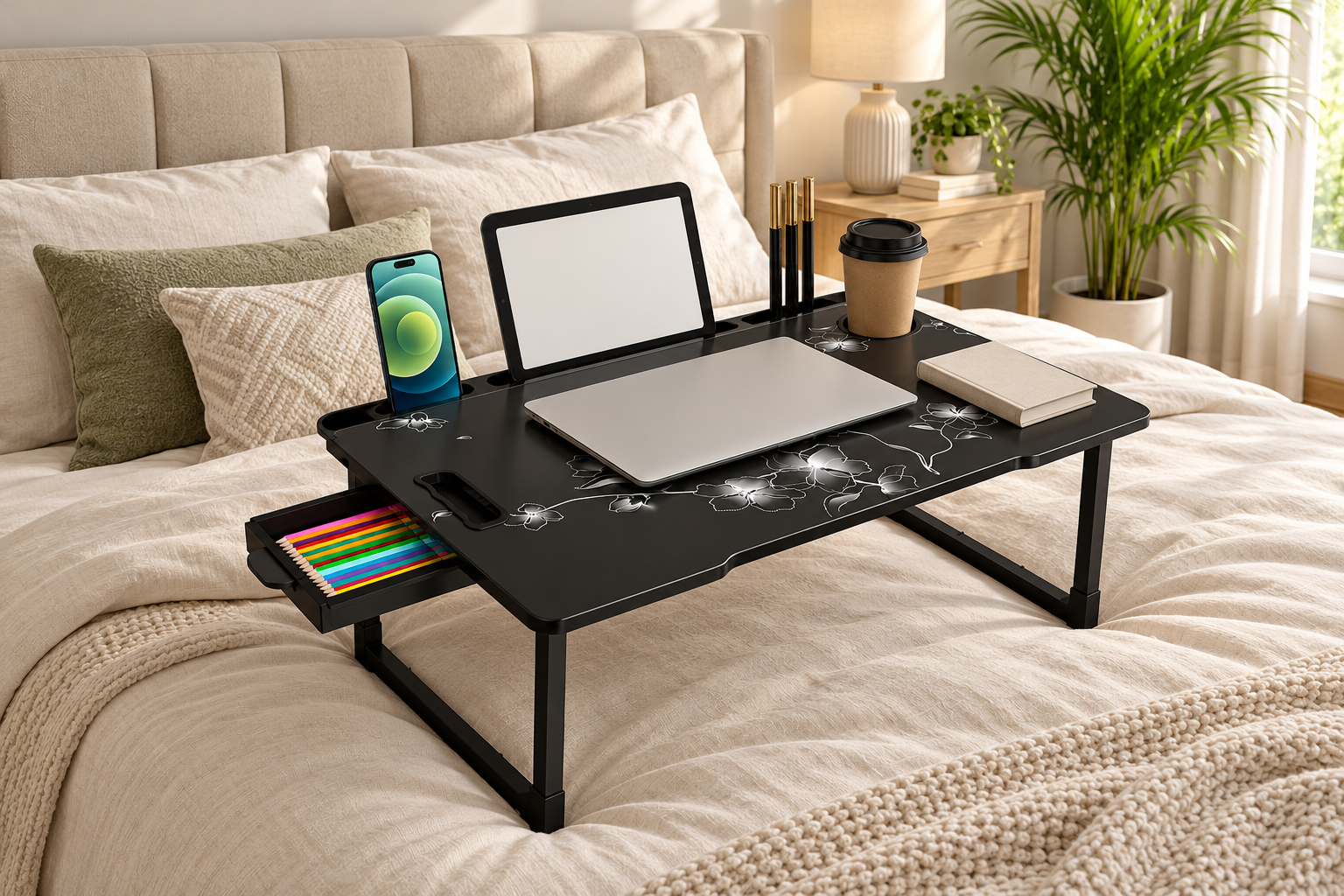 Black floral laptop table styled in a calm bedroom